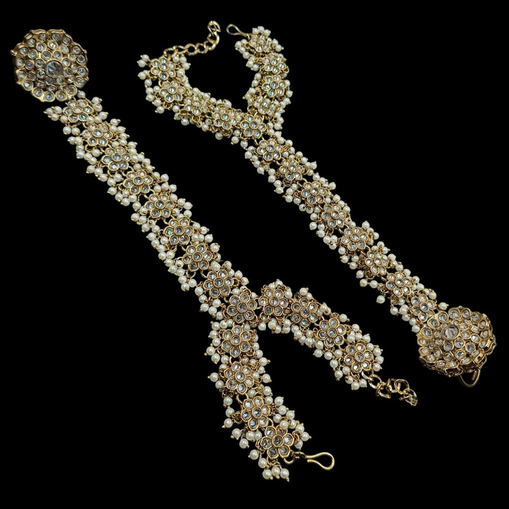 NAFJ Mehndi Plated Crystal Stone And Pearl Hand Harness