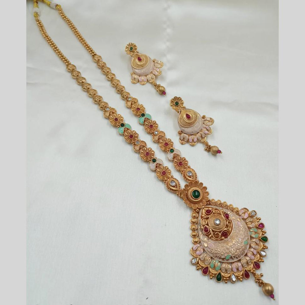 NAFJ Gold Plated Traditional Indian Pota Stones And Meenakari Art Long Necklace Set