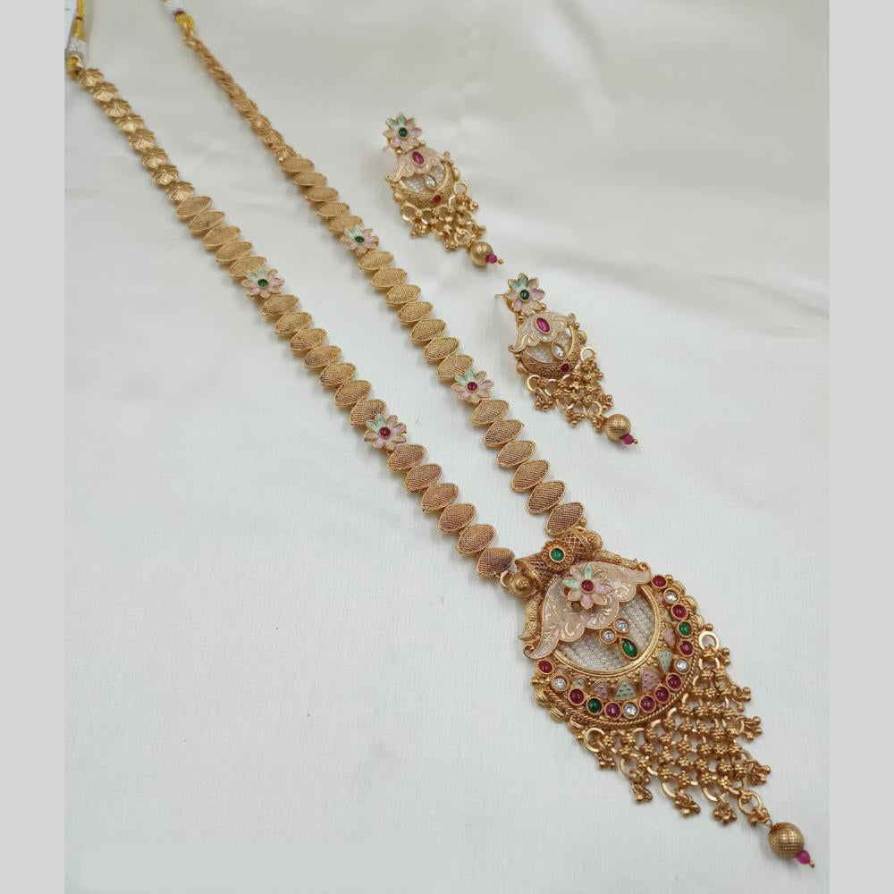 NAFJ Gold Plated Traditional Indian Pota Stones And Meenakari Art Long Necklace Set