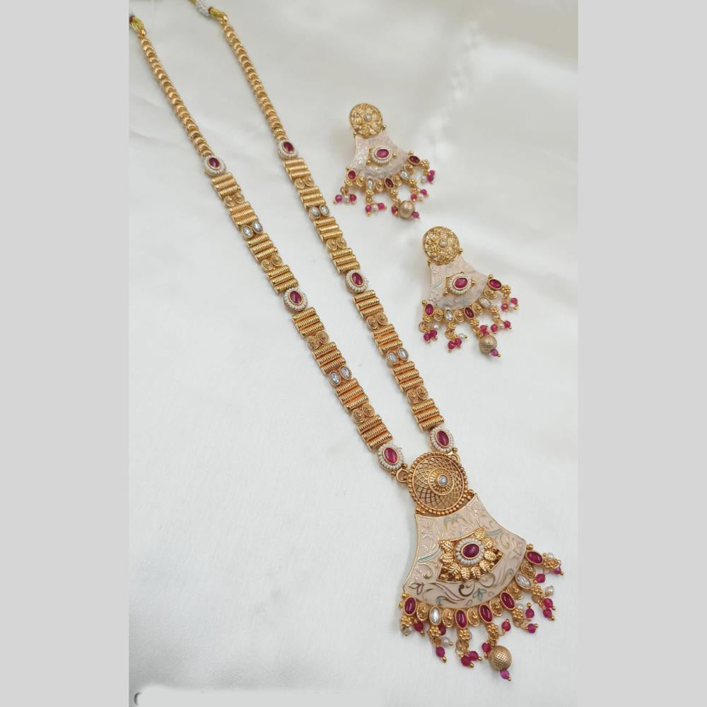 NAFJ Gold Plated Traditional Indian Pota Stones And Meenakari Art Long Necklace Set