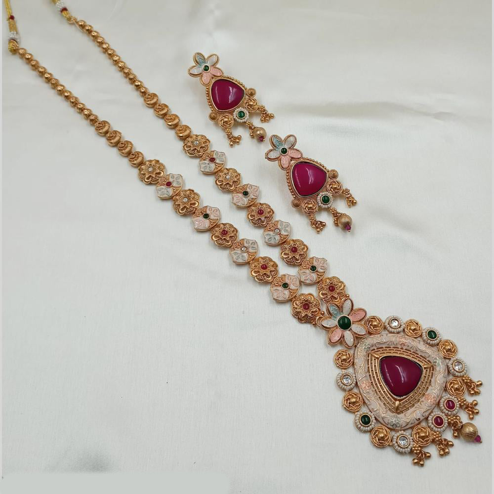 NAFJ Gold Plated Traditional Indian Pota Stones And Meenakari Art Temple Long Necklace Set