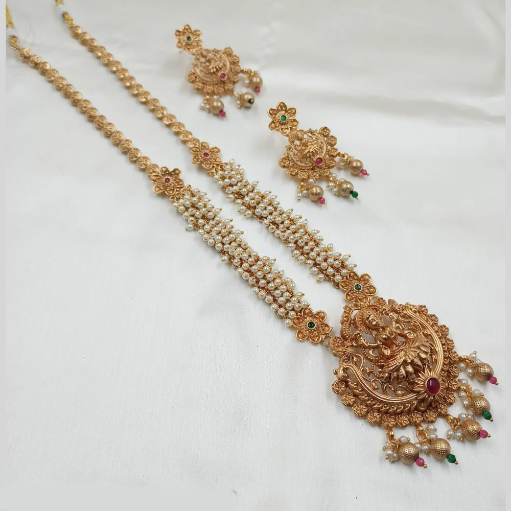 NAFJ Gold Plated Traditional Indian Pota Stones And Beads Long Necklace Set