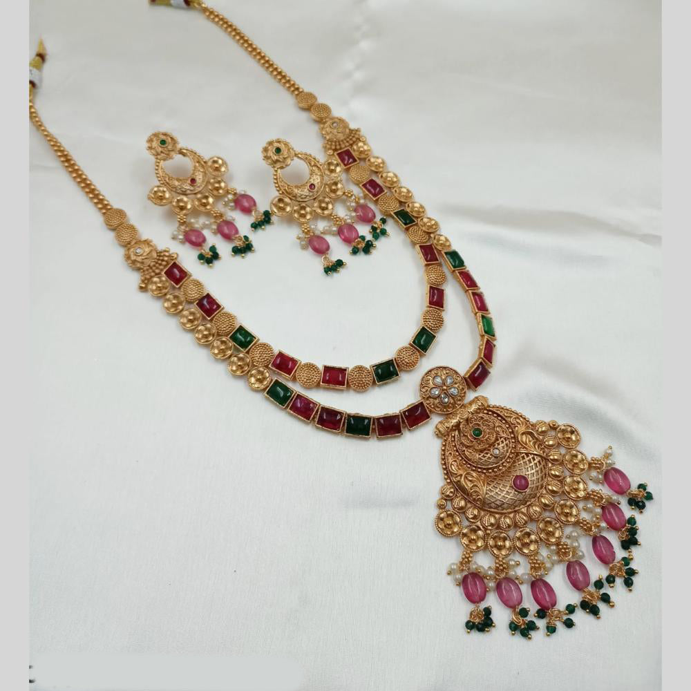 NAFJ Gold Plated Traditional Indian Pota Stones And Pearl Long Necklace Set