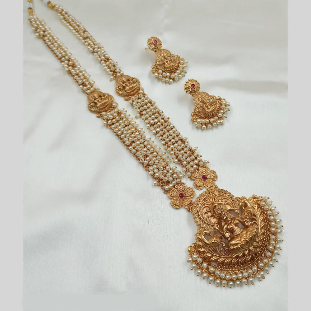 NAFJ Gold Plated Traditional Indian Pota Stones And Pearl Temple Long Necklace Set