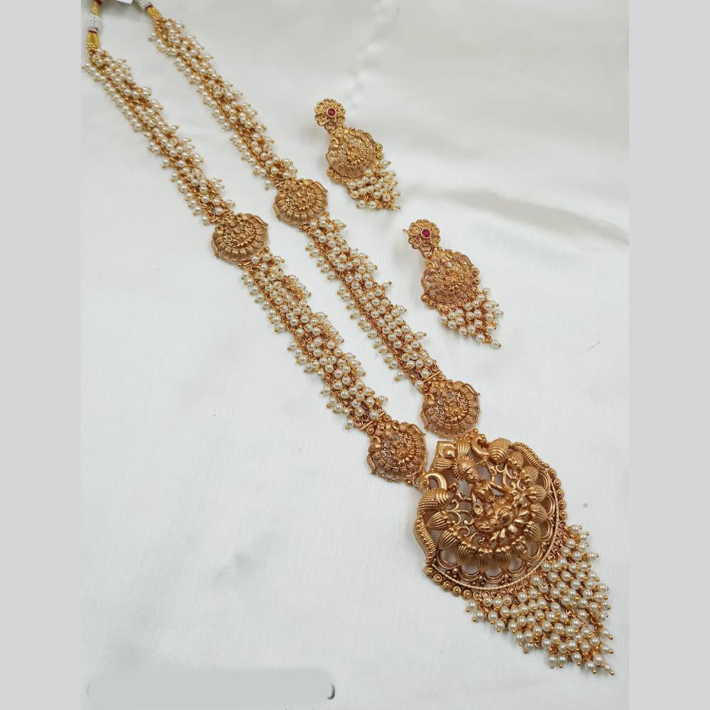 NAFJ Gold Plated Traditional Indian Pota Stones And Pearl Temple Long Necklace Set
