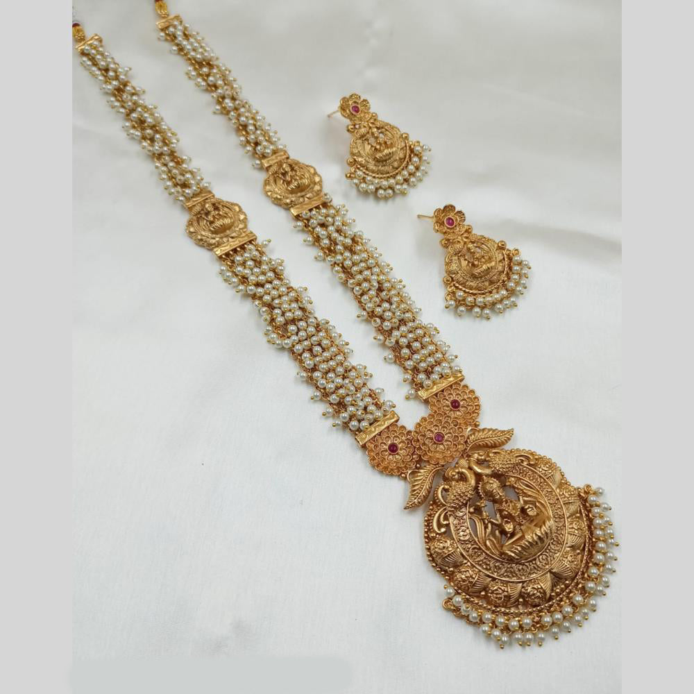 NAFJ Gold Plated Traditional Indian Pota Stones And Pearl Temple Long Necklace Set
