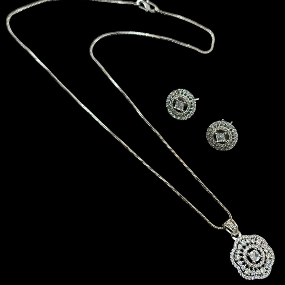 NAFJ Silver Plared American Diamond Chain Pendant Set