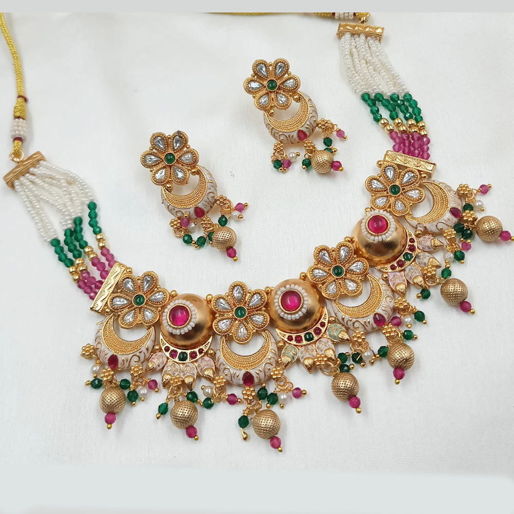 NAFJ Copper Gold Plated Kundan And Pearl Choker Necklace Set