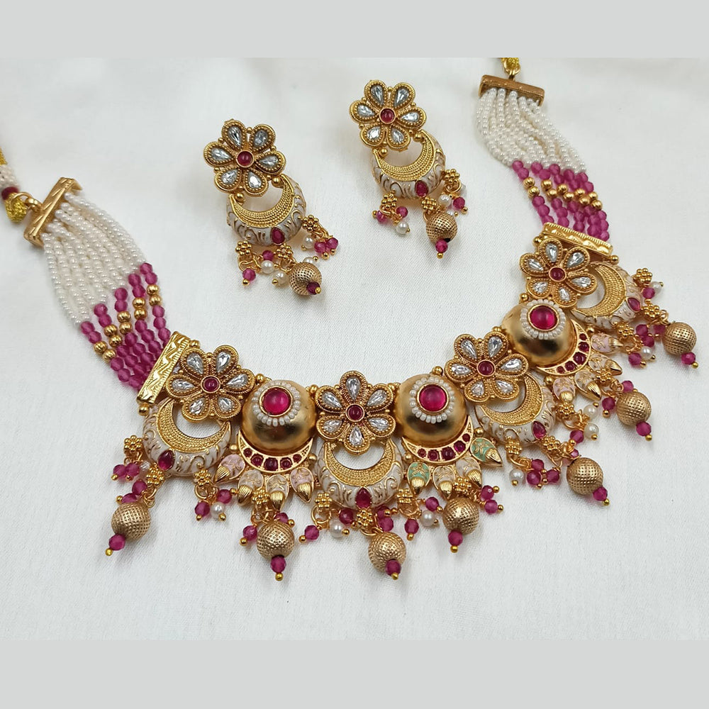 NAFJ Copper Gold Plated Kundan And Pearl Choker Necklace Set