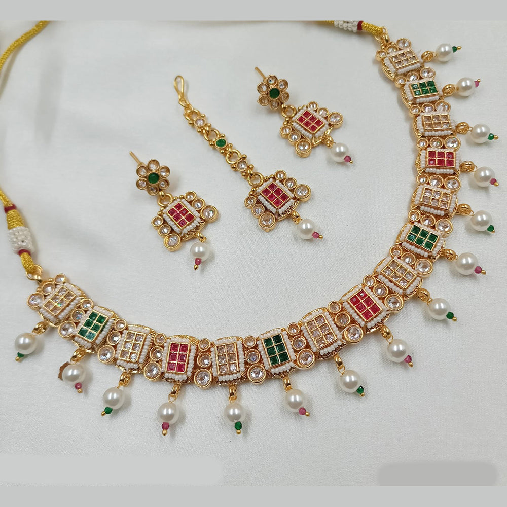 NAFJ Copper Gold Plated Reverse AD And Pearl Necklace Set