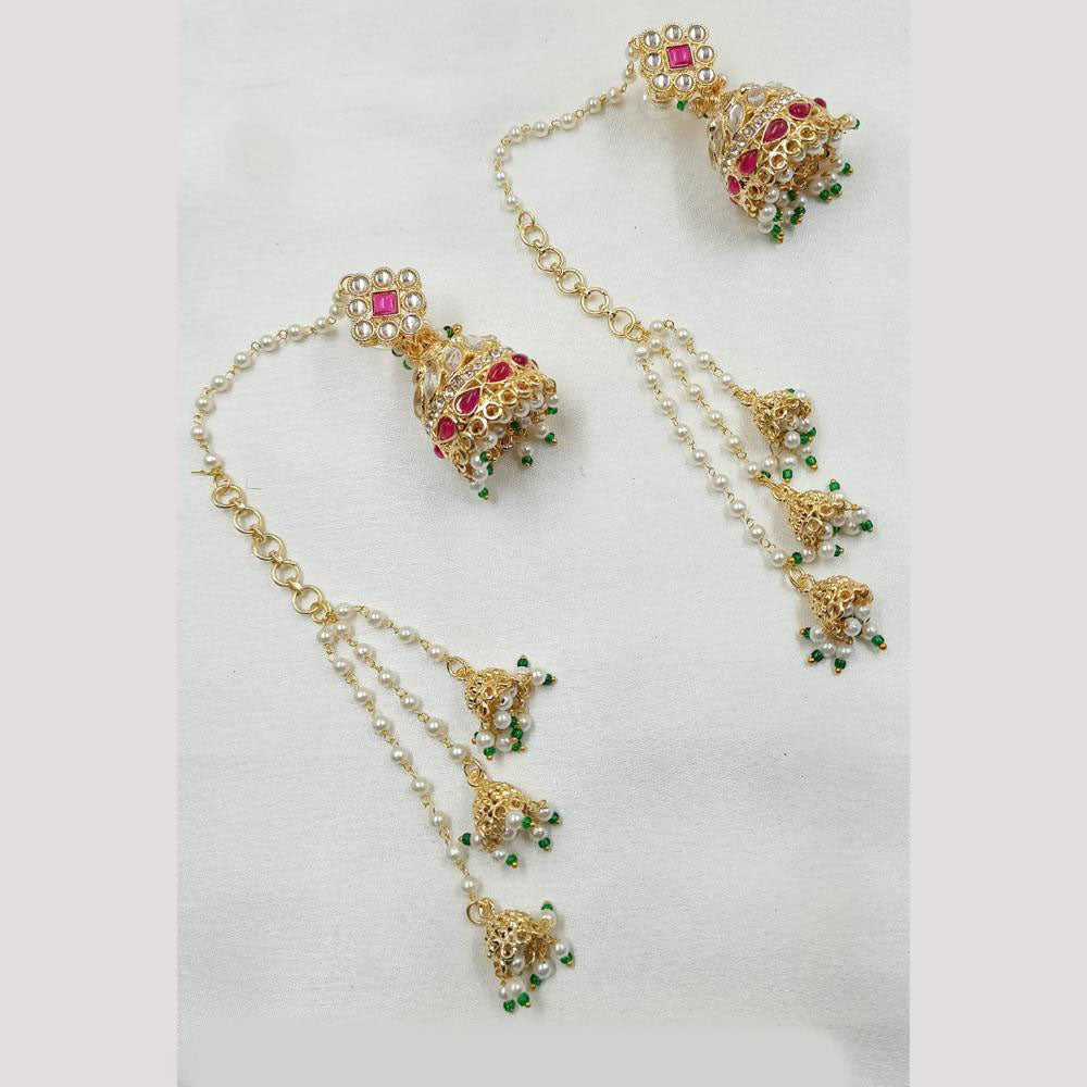 NAFJ Gold Plated Pota Stone Jhumki Earrings With Kanchain