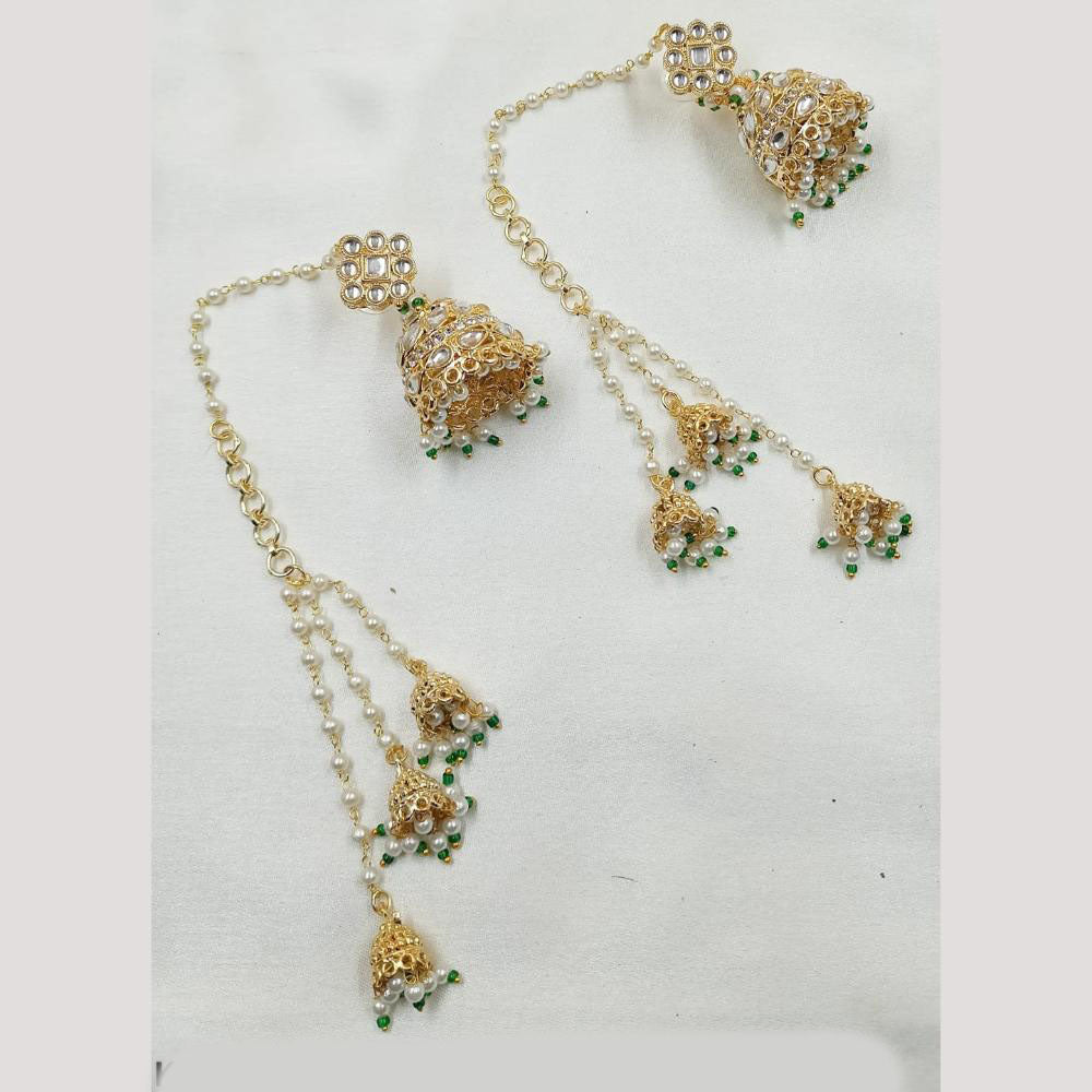 NAFJ Gold Plated Pota Stone Jhumki Earrings With Kanchain