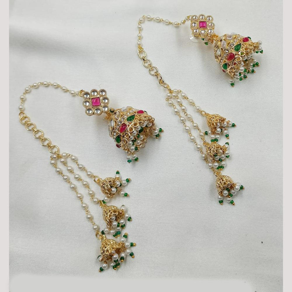NAFJ Gold Plated Pota Stone Jhumki Earrings With Kanchain