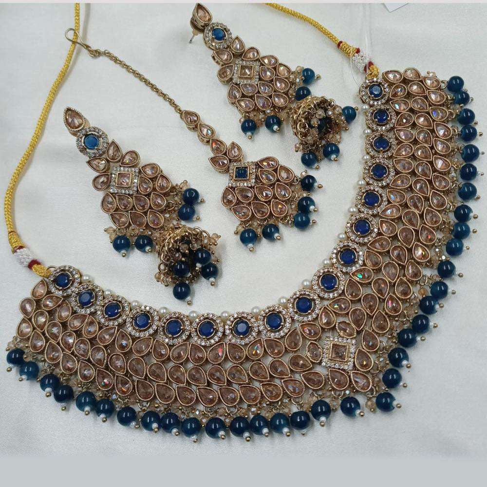 NAFJ Gold Plated Crystal Stone And Beads Choker Necklace Set