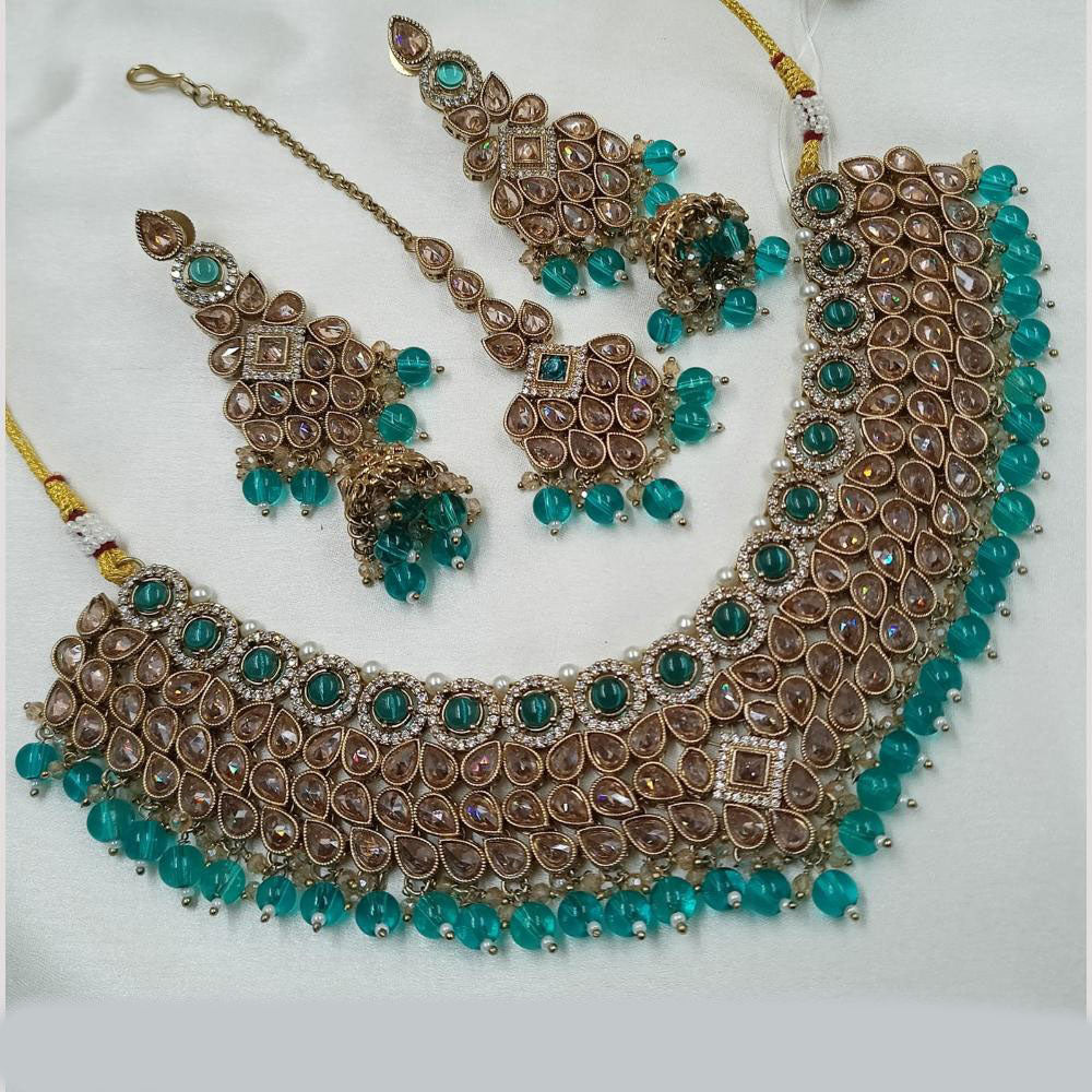 NAFJ Gold Plated Crystal Stone And Beads Choker Necklace Set