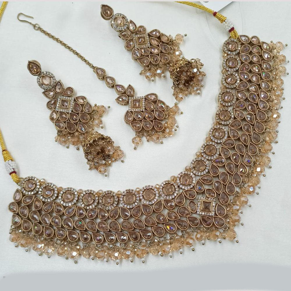 NAFJ Gold Plated Crystal Stone And Beads Choker Necklace Set