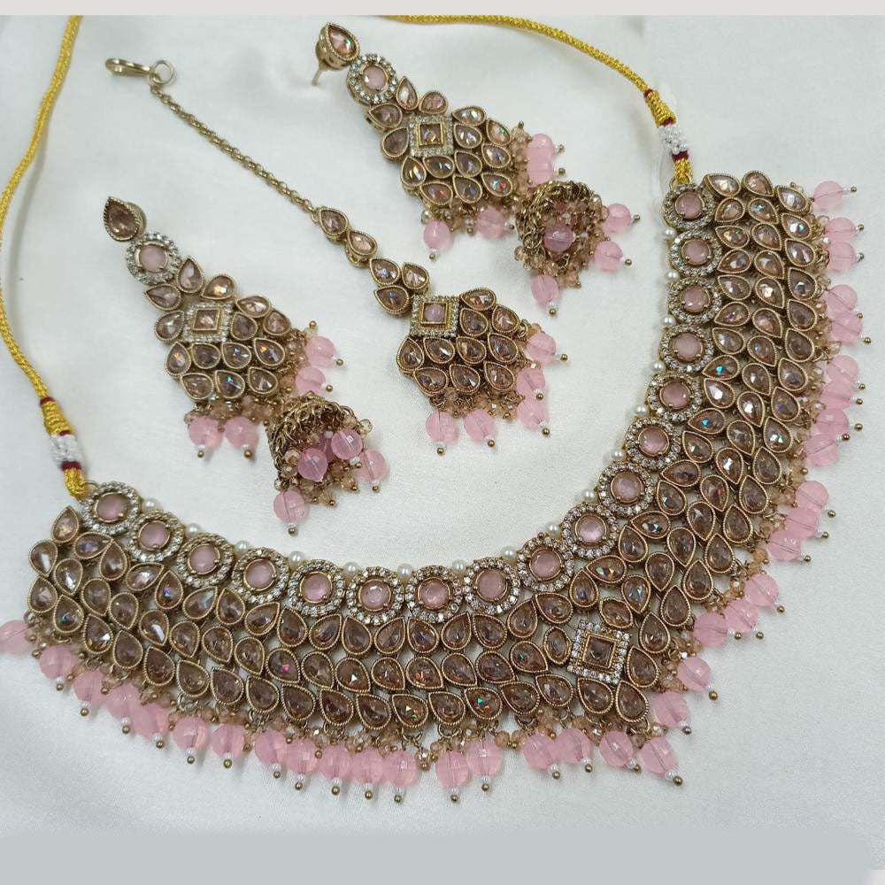 NAFJ Gold Plated Crystal Stone And Beads Choker Necklace Set