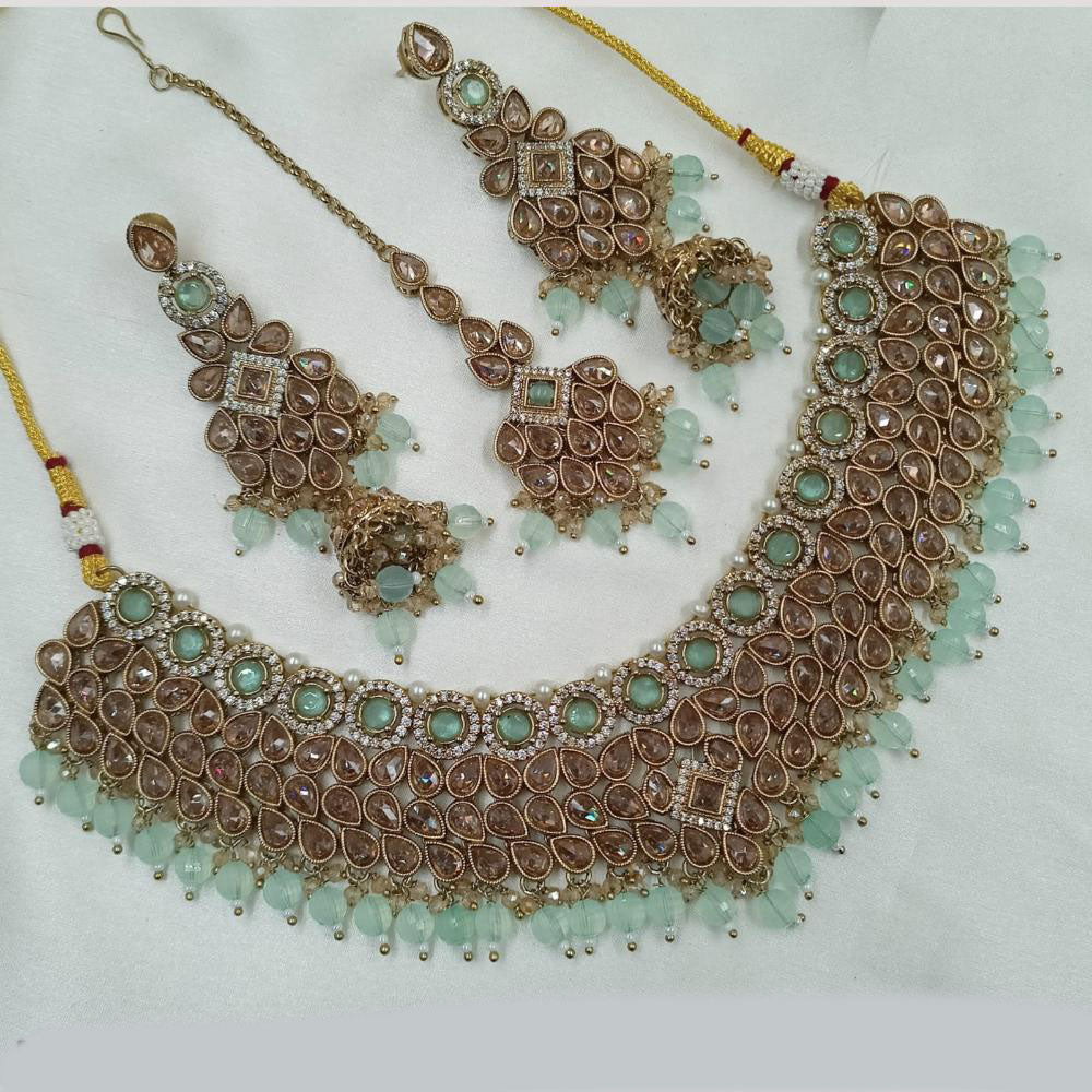 NAFJ Gold Plated Crystal Stone And Beads Choker Necklace Set