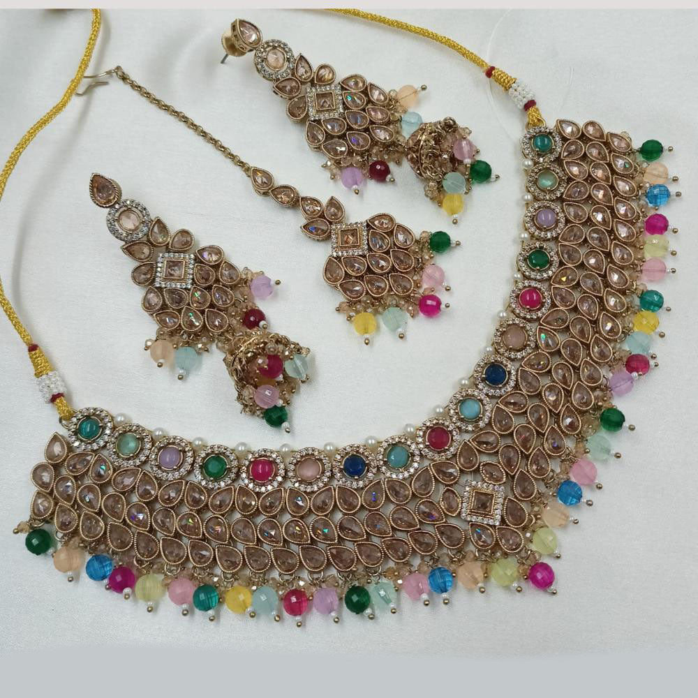 NAFJ Gold Plated Crystal Stone And Beads Choker Necklace Set