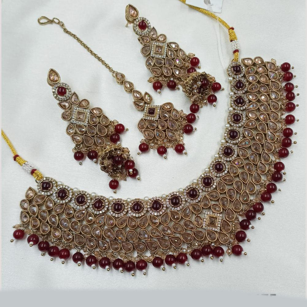 NAFJ Gold Plated Crystal Stone And Beads Choker Necklace Set
