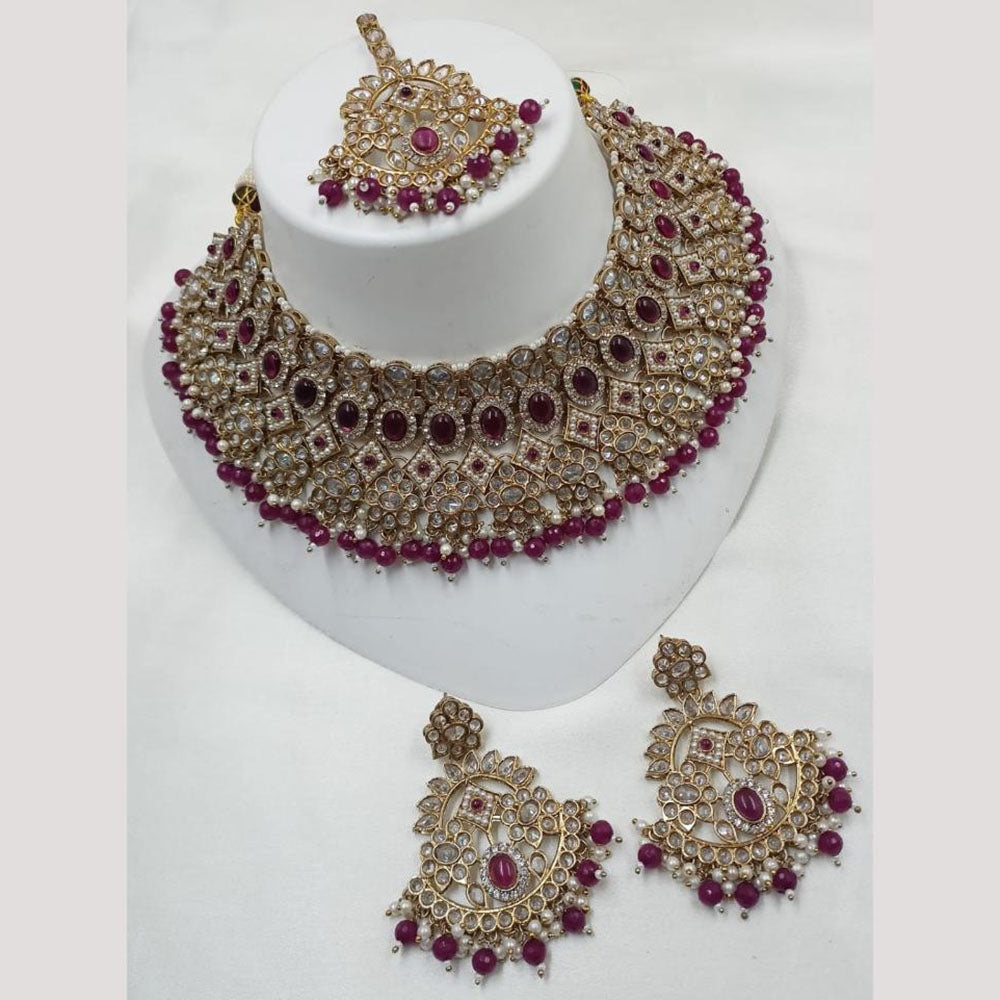 NAFJ Gold Plated Crystal Stone And Beads Choker Necklace Set