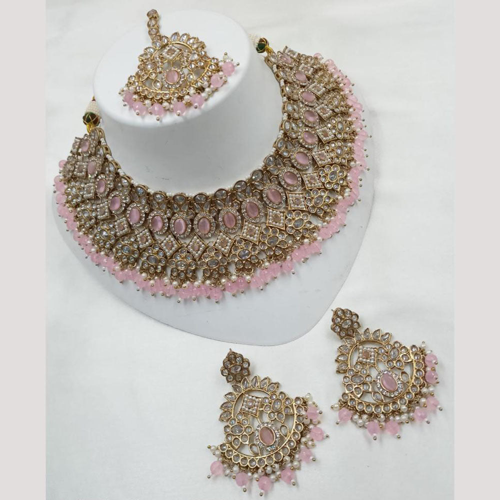 NAFJ Gold Plated Crystal Stone And Beads Choker Necklace Set