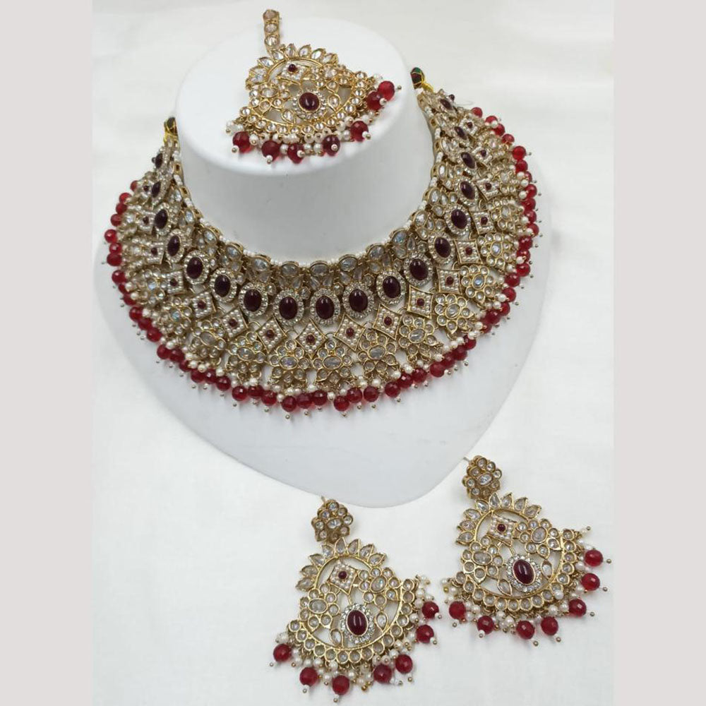 NAFJ Gold Plated Crystal Stone And Beads Choker Necklace Set