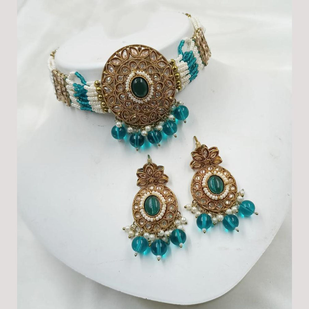 NAFJ Gold Plated Crystal Stone And Beads Choker Necklace Set