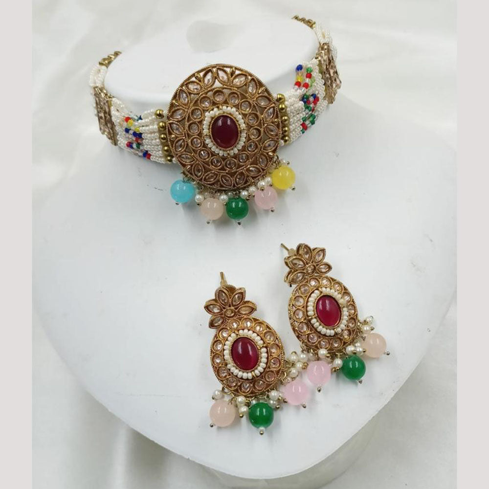 NAFJ Gold Plated Crystal Stone And Beads Choker Necklace Set