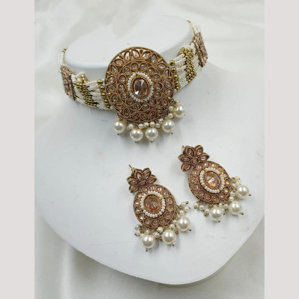 NAFJ Gold Plated Crystal Stone And Beads Choker Necklace Set