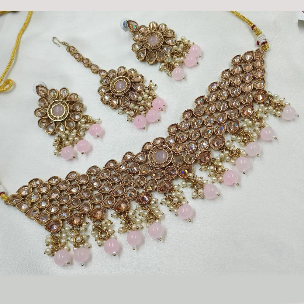 NAFJ Gold Plated Crystal Stone And Beads Choker Necklace Set