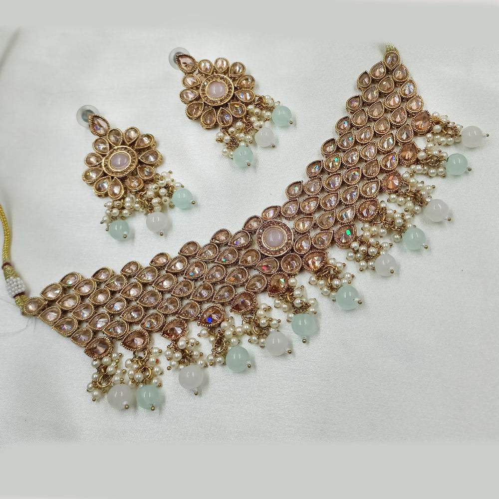 NAFJ Gold Plated Crystal Stone And Beads Choker Necklace Set