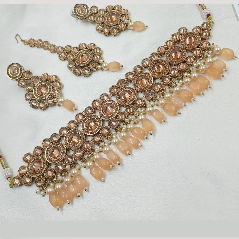 NAFJ Gold Plated Crystal Stone And Beads Choker Necklace Set