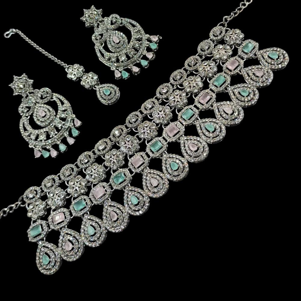 NAFJ Silver Plated American Diamond Necklace Set