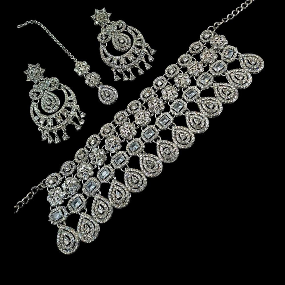 NAFJ Silver Plated American Diamond Necklace Set