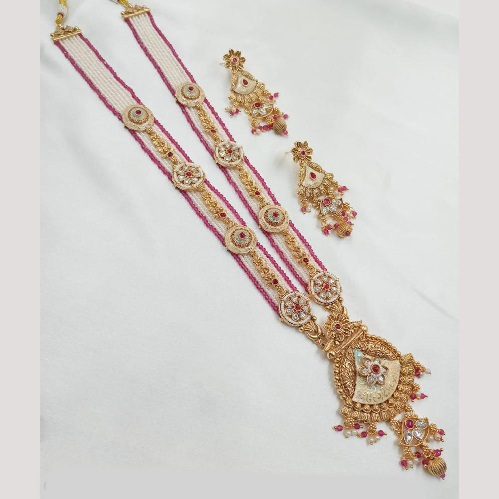 NAFJ Gold Plated Pota Stone And Beads Meenakari Long Necklace Set