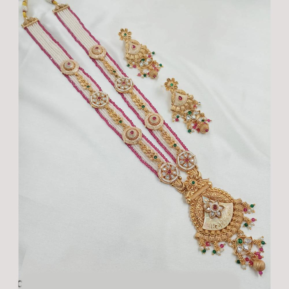 NAFJ Gold Plated Pota Stone And Beads Meenakari Long Necklace Set