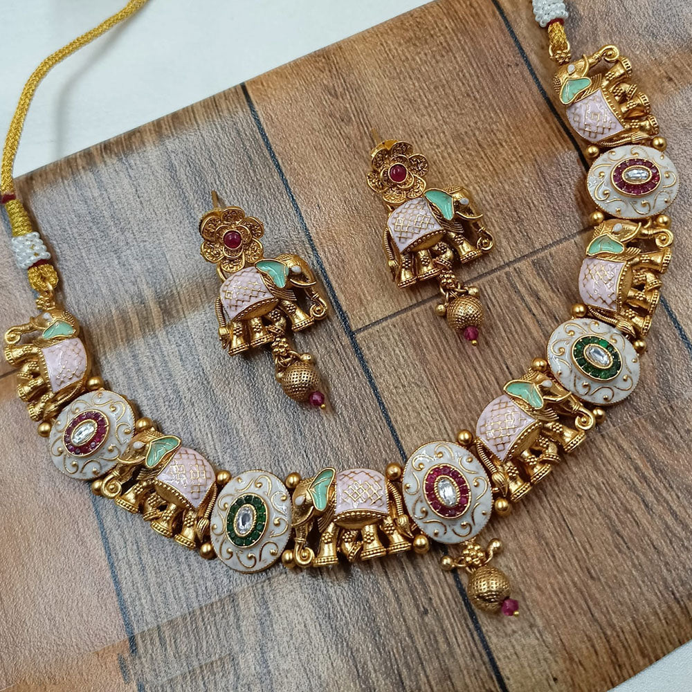 NAFJ Gold Plated Pota Stone Meenakari Necklace Set