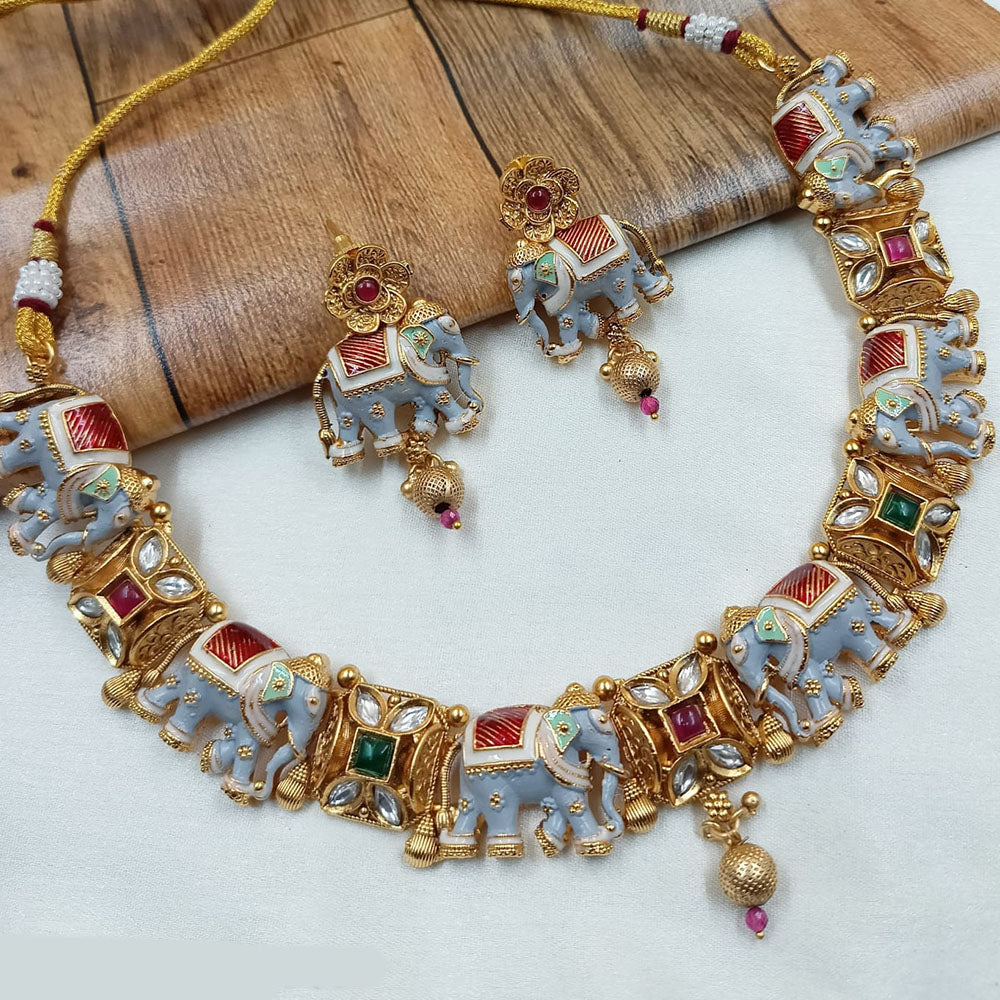 NAFJ Gold Plated Pota Stone Meenakari Necklace Set