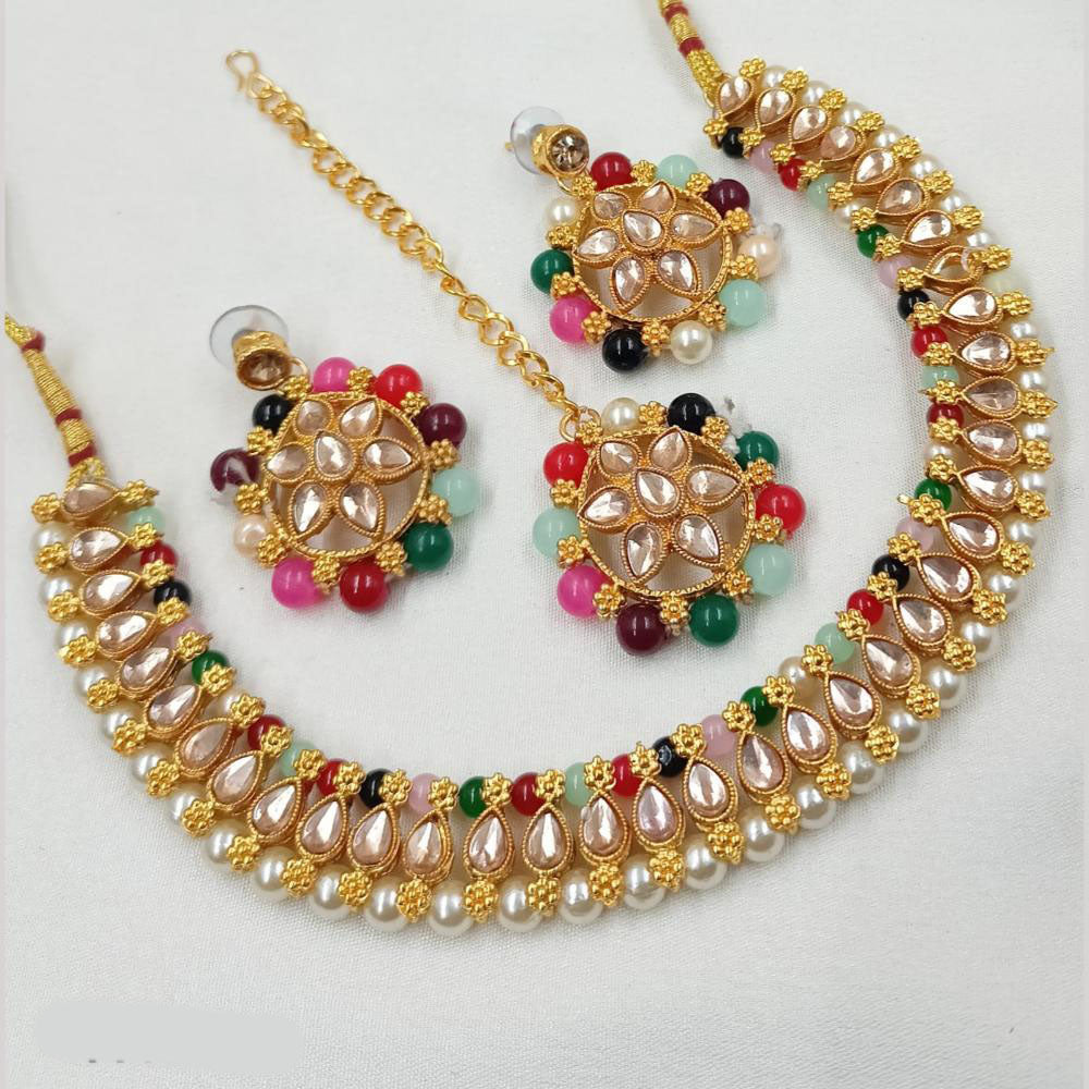 NAFJ Gold Plated Crystal Stone And Pearl Necklace Set
