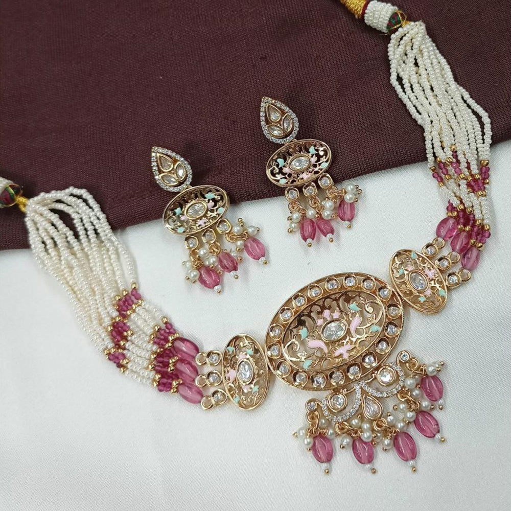 NAFJ Ethnic Gold Plated Polki Kundan And Pearl Meenakari Choker Necklace Set