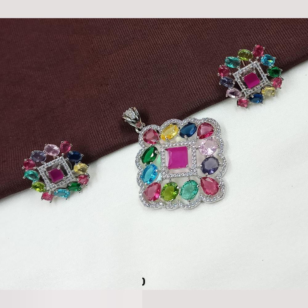 NAFJ Premium Rhodium Finish American Diamond Pendant Jewellery Set