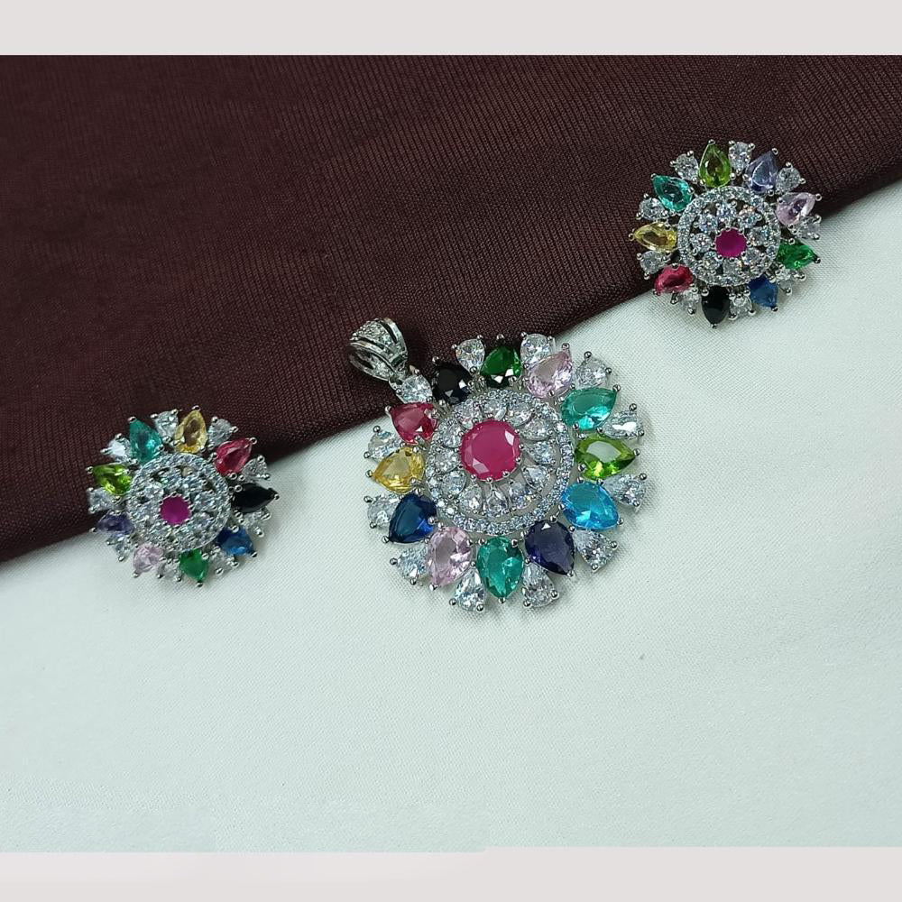 NAFJ Premium Rhodium Finish American Diamond Pendant Jewellery Set