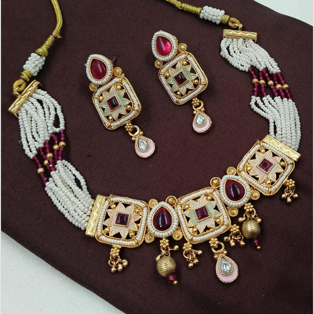 NAFJ Royal Pota Stone Pearl And Meenakari Choker Necklace Set