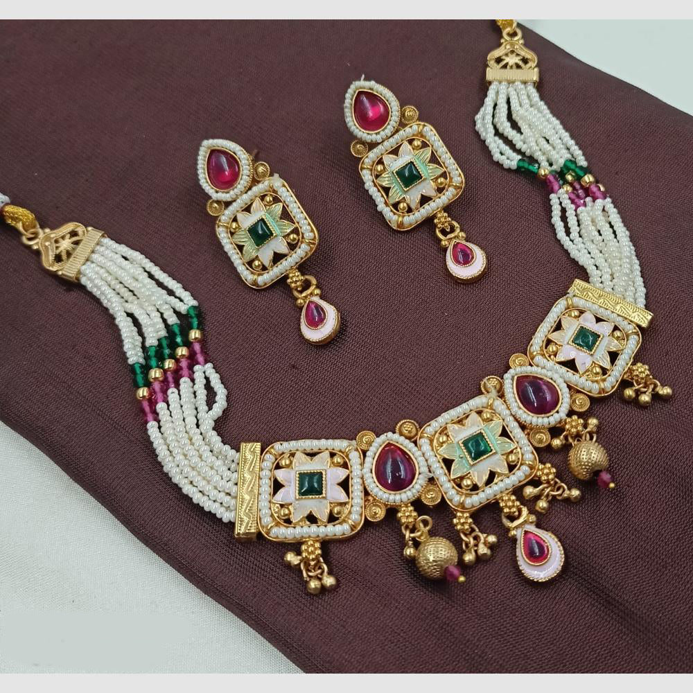 NAFJ Royal Pota Stone Pearl And Meenakari Choker Necklace Set