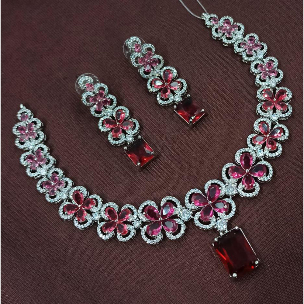 NAFJ Rhodium Plated Glamorous Sparkling American Diamond Necklace Set