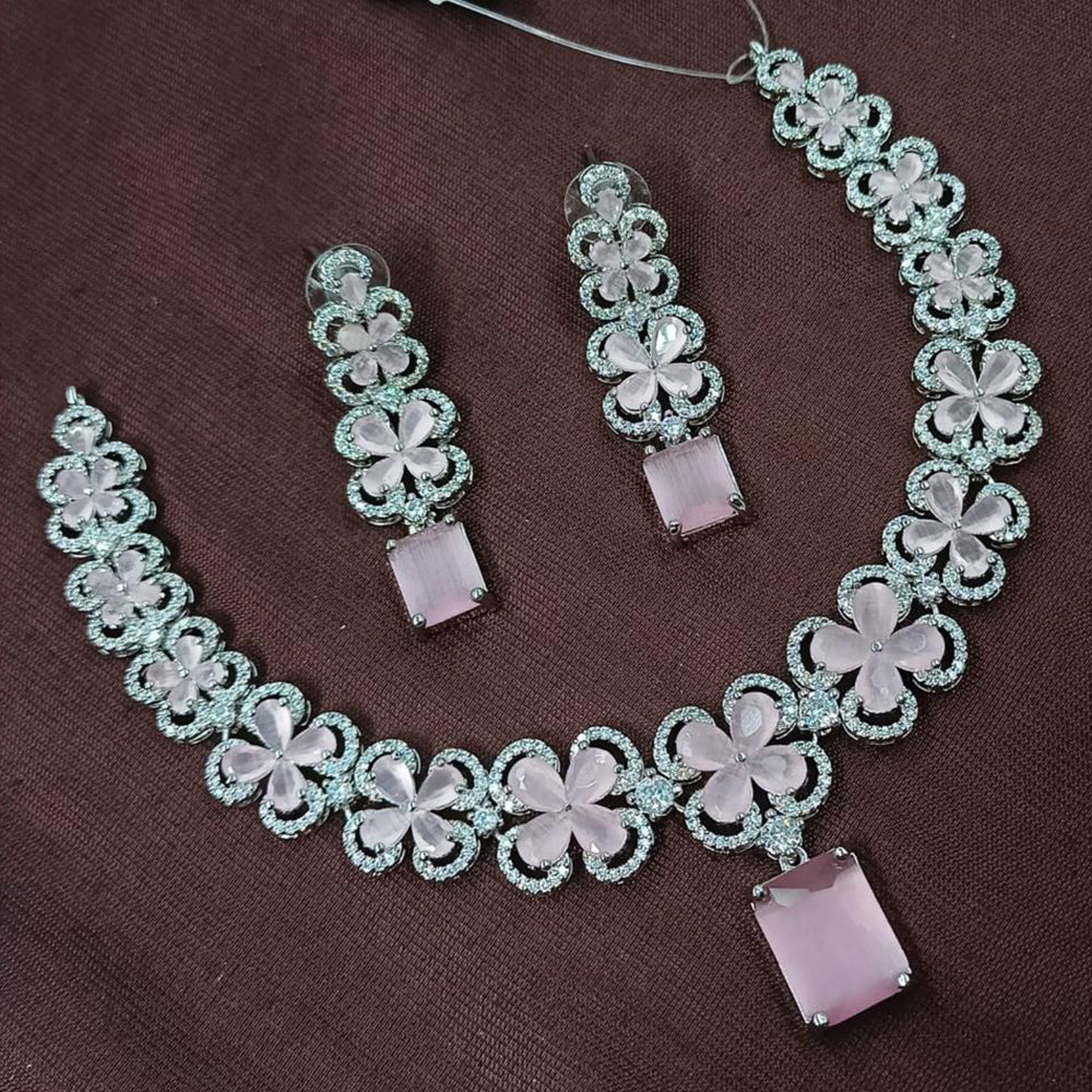 NAFJ Rhodium Plated Glamorous Sparkling American Diamond Necklace Set