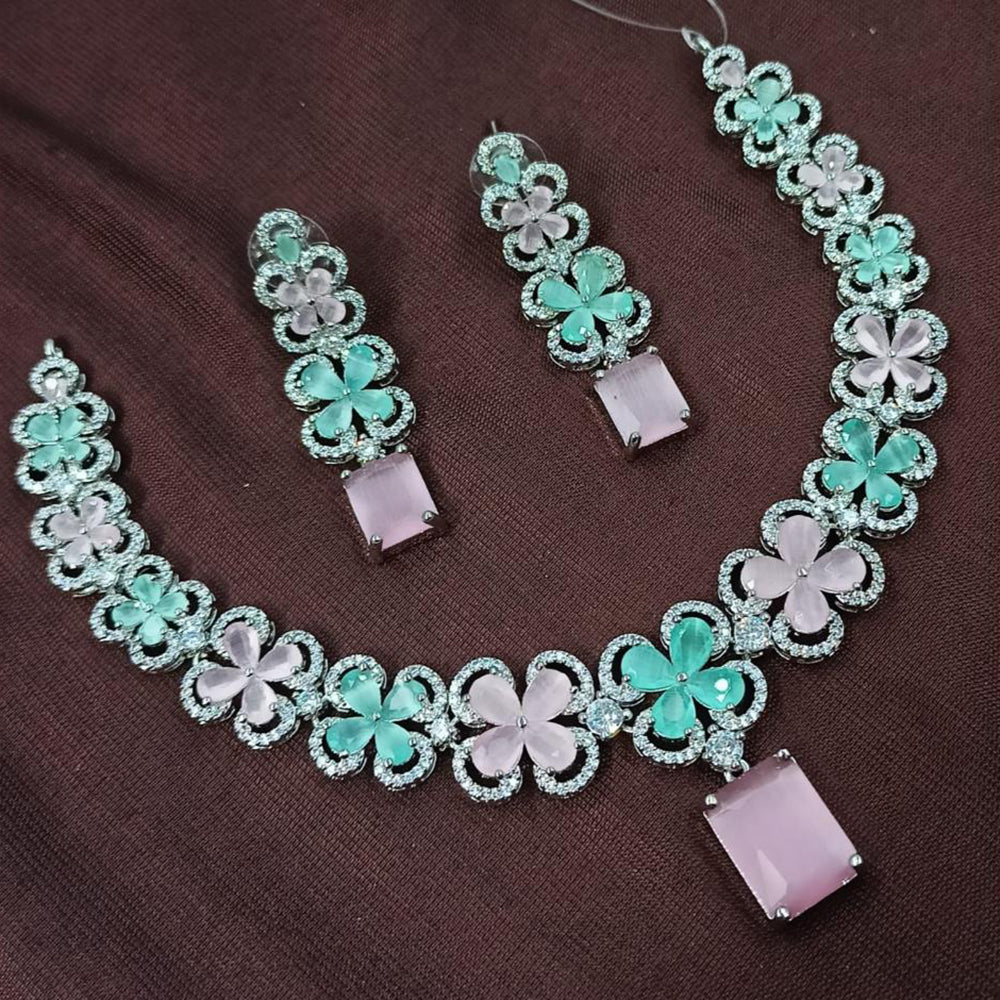 NAFJ Rhodium Plated Glamorous Sparkling American Diamond Necklace Set