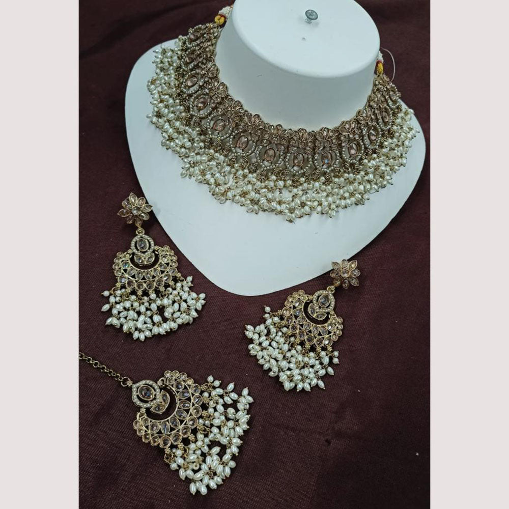 NAFJ Designer Pearl and Crystal Choker Necklace Set For Traditional Wedding Wear .