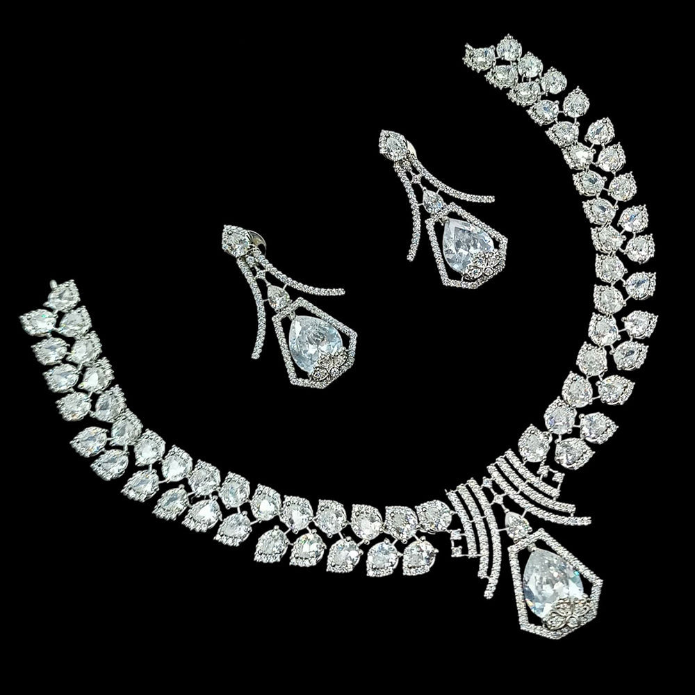 NAFJ Elegant Designer American Diamond Necklace Set with Earrings for Festive & Evening Wear
